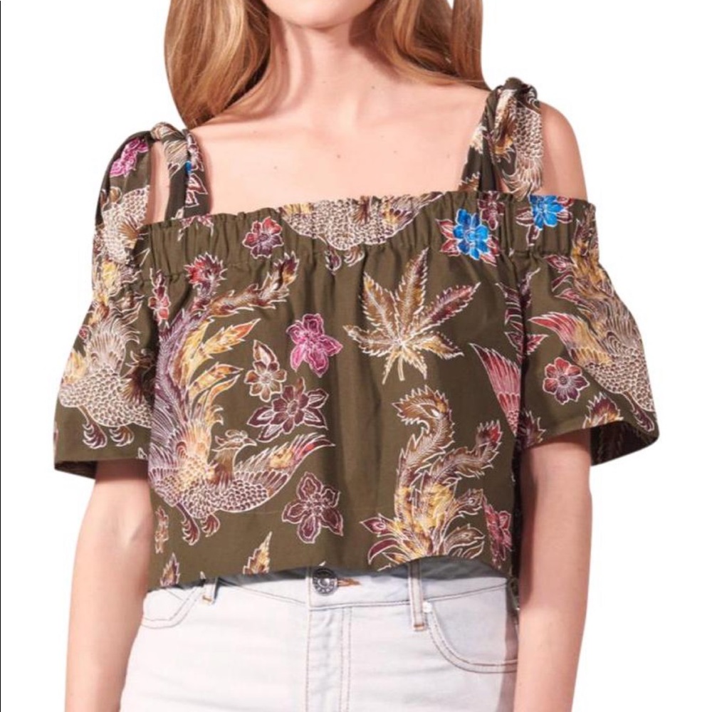 SANDRO*Green Jungle Print Off Shoulder Crop Top - Picture 1 of 2